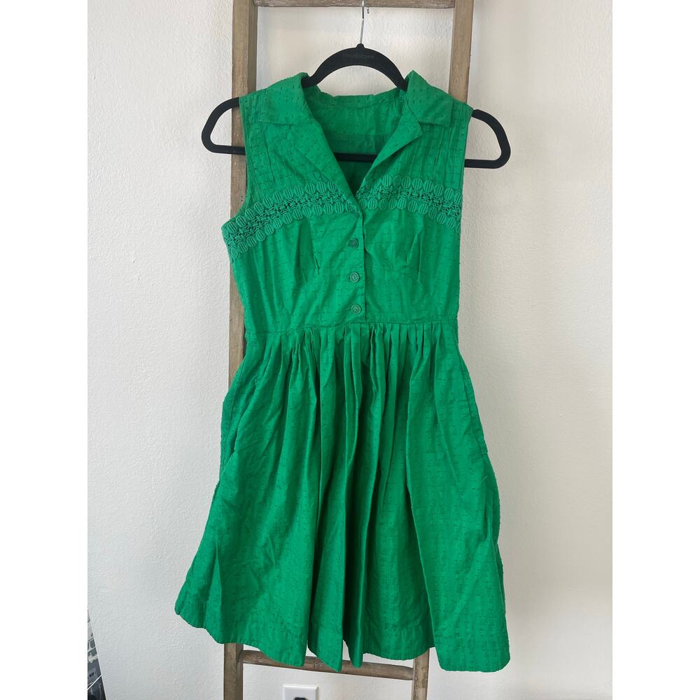 Midi Green Embroidered Teaparty Button Collared Textured Tank Dress Womens S/M